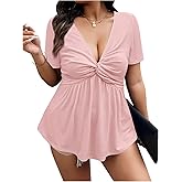 SOLY HUX Women's Plus Size Deep V Neck Twist Front T Shirts Short Sleeve Summer Tunic Tops Ruffle Flowy Tees