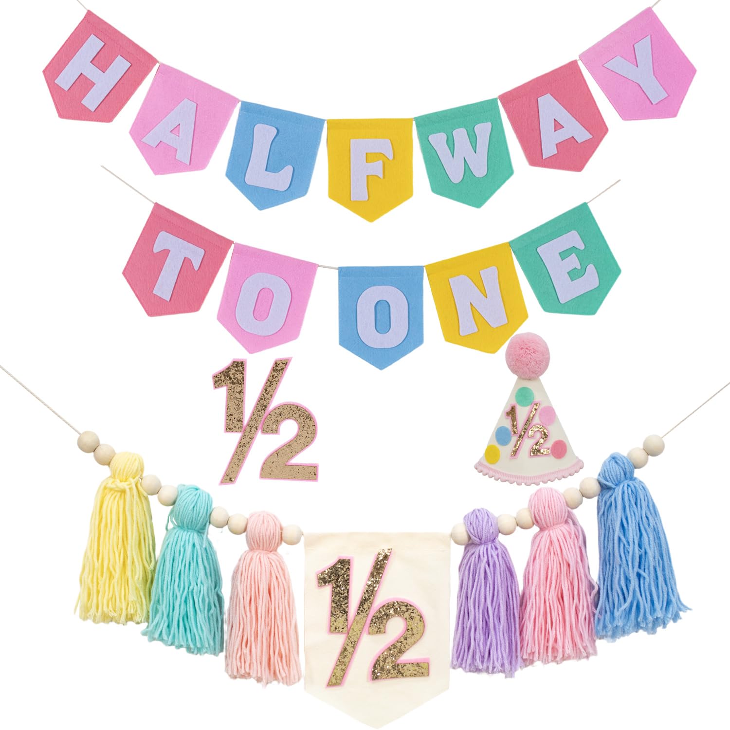Half Birthday Decorations For Girls - Half Way To One Decorations With 6 Months Birthday Banner 1/2 Birthday Girl Highchair Banner Cake Topper & Party Hat 6 Months Birthday Decorations — image 1