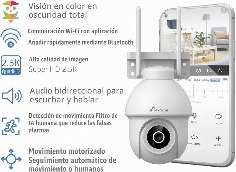 - Cámara PTZ WiFi 2.4Ghz Half4K 2560x1440, Visión Nocturna a Color, Detección de Movimiento y Humanos, Compatible con Alexa y Google Home, Control App Tuya, Imagen Super HD 2.5k — foto 2 de 8