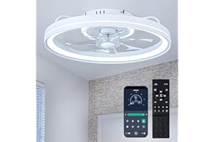 zouzai Low Profile Ceiling Fan with Lights and Remote, 18.9 inch Modern Ceiling Fans Flush Mount, Dimmable LED Fan Light, Ceiling Fans with Lights for Bedroom (White, Frosted Ring)