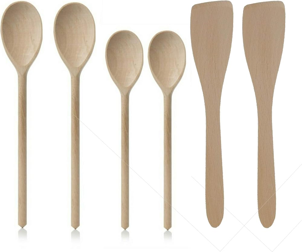 Tradeco Direct 6pc Beechwood Spoons & Spatulas Set 10" & 12" Cooking Utensils