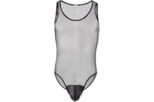 Men's Sheer Mesh Bodysuit, Leotard Sleeveless See Through Tank Top, Suspenders Wrestling Singlet Leotard Thong