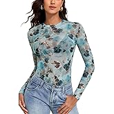 YYA Sparkly Mesh Top for Women Long Sleeve Round Neck Mesh Shirt Sheer Shiny Top Solid Floral Tee Shirts S-XXL