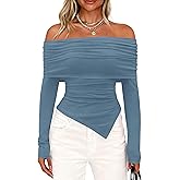 PRETTYGARDEN Women's Off The Shoulder Tops Spring Fashion 2026 Long Sleeve Shirts Going Out Slim Fitted Blouses Fall Clothes