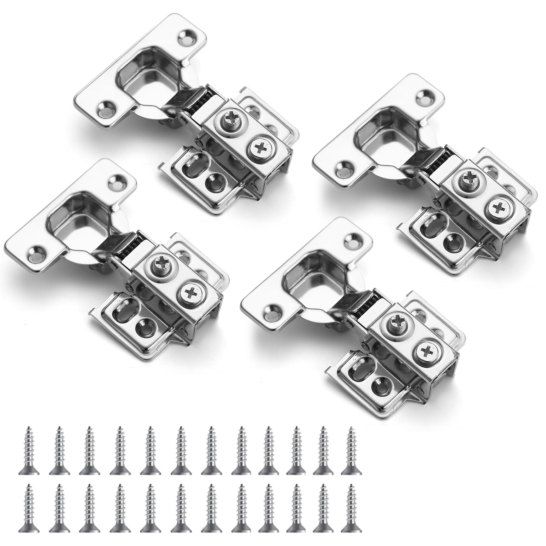 Kyraton 4 Pack (2 Pair) Stainless Steel Overlay Soft Close Hinges for Kitchen Cabinets, 1/2 inch Self Closing Door Hinges with Mounting Screws, Damper-3 Way Adjustability