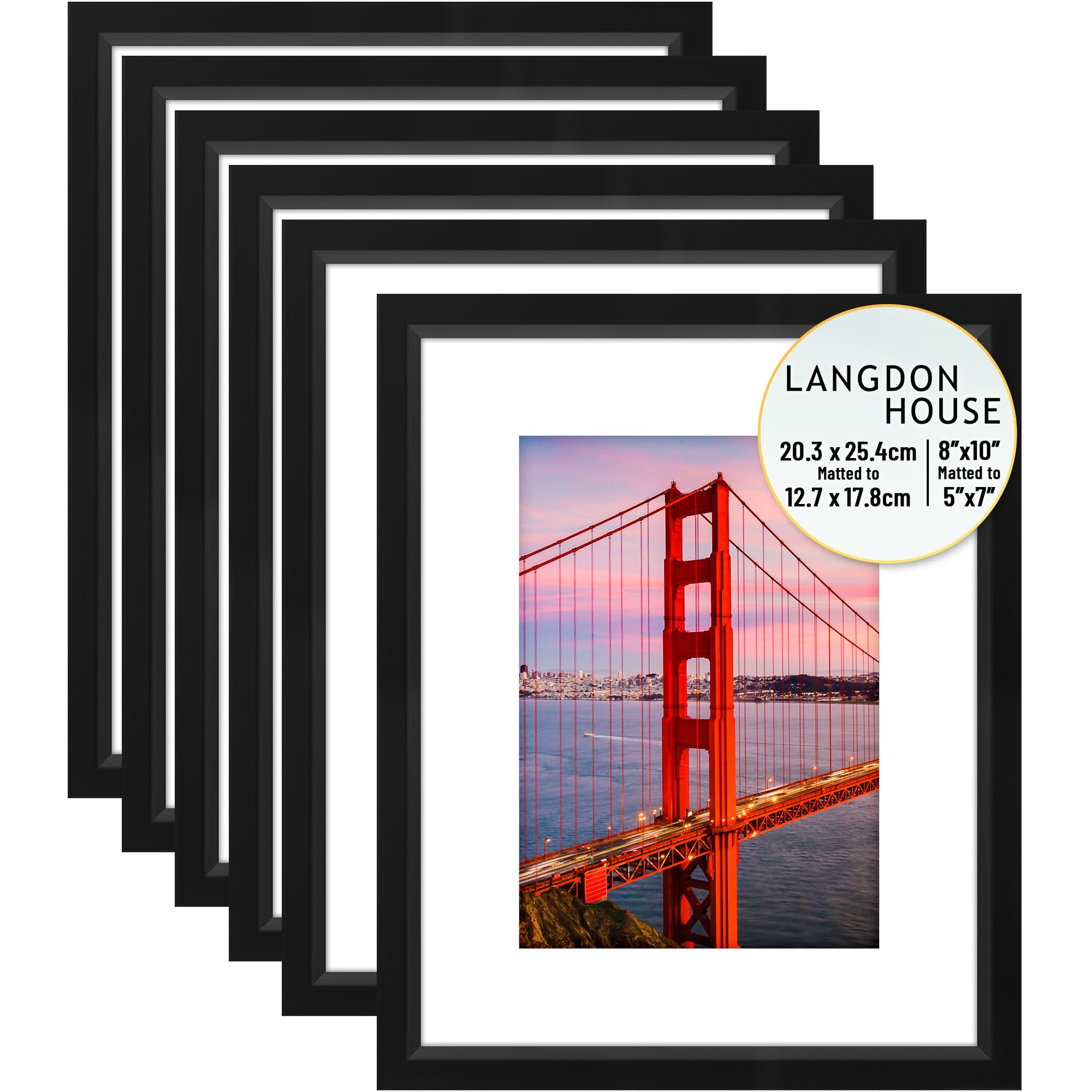 Langdon House 10x8 Picture Frames w/Mat to 7x5 (Black, 6 Pack), Modern w/Bevelled Accent, Tabletop Easel and Wall Hanging Hooks Included, Radiant Collection