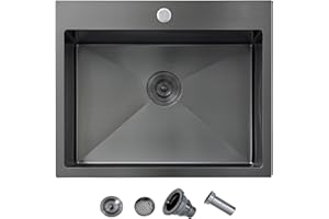 Ufaucet 20 Inch Drop In Kitchen Sink Black, 20 x 16 Gunmetal Black Stainless Steel Single Bowl Top Mount Drop In Bar Wet Prep RV Outdoor Kitchen Sink, 16 Gauge Brushed Nickel