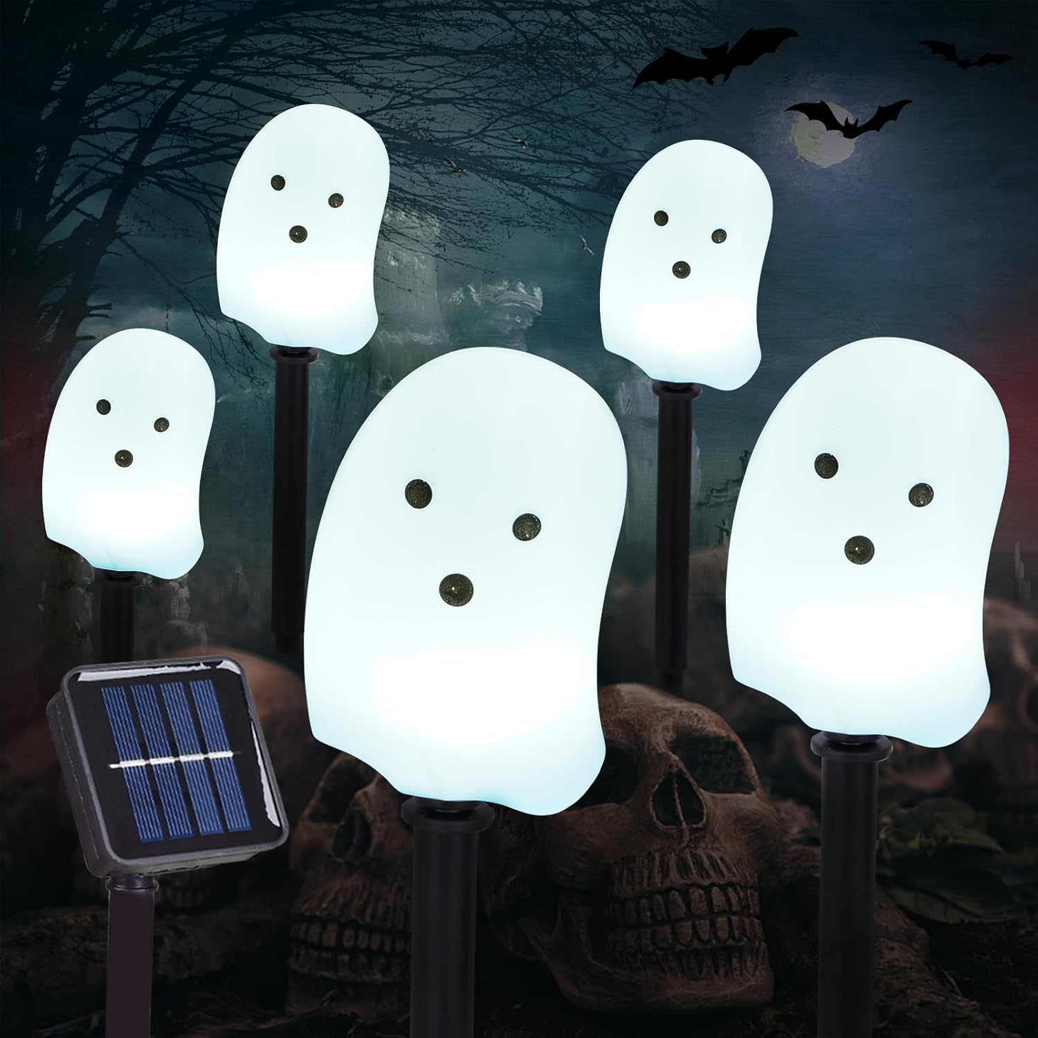 Decorative Garden Stakes - BRIGHTDECK Halloween Ghost Stake Lights Set of 5, Solar Lighted 3D Ghost Outdoor Waterproof for Garden, Pathway and Yard Decoration