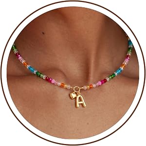 MINIMISSMIANYC Colorful Beaded Initial Necklace for Women - Dainty 14K Gold Plated Letter A-Z Pendant with Heart Charm Neckla