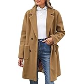 NRZD Women's Pea Coats Wool Blend Double Breasted Fall Winter Coats Notch Lapel Mid Long Trench Coat with Straight Pockets