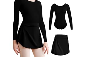 Tegmk 2Pcs Women's Team Basic Long Sleeve Dance Leotard with Pull on Black Ballet Skirt