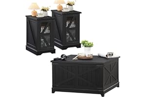 Joaxswe Farmhouse Coffee Table Sets 3 Pieces, Narrow Night Stand with Glass Barn Door Storage, Large Coffee Tables with Hidden Storage Organizer, Wood Furniture Sets for Living Room, Office, Black