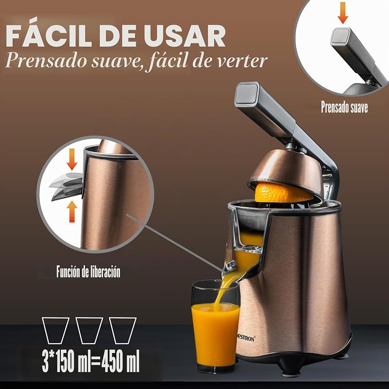 Espremedor elétrico, espremedor de laranja com função de parada de saída e passador de polpa em aço inoxidável, inclui 2 cones de prensagem, capacidade de 450 ml, alavanca de prensagem suave