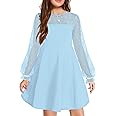 Arshiner Girl's Contrast Mesh Puff Long Sleeve High Waist A Line Short Dress with Pockets for 6-13 Years