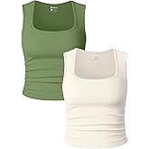 OQQ Womens 2 Piece Crop Tops Rueched Sleeveless Square Neck Stretch Basic Tank Shirts