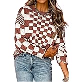 KevaMolly Womens Long Sleeve Sweaters Checkered Print Drop Shoulder Round Neck Sweater Casual Daily Winter Sweater