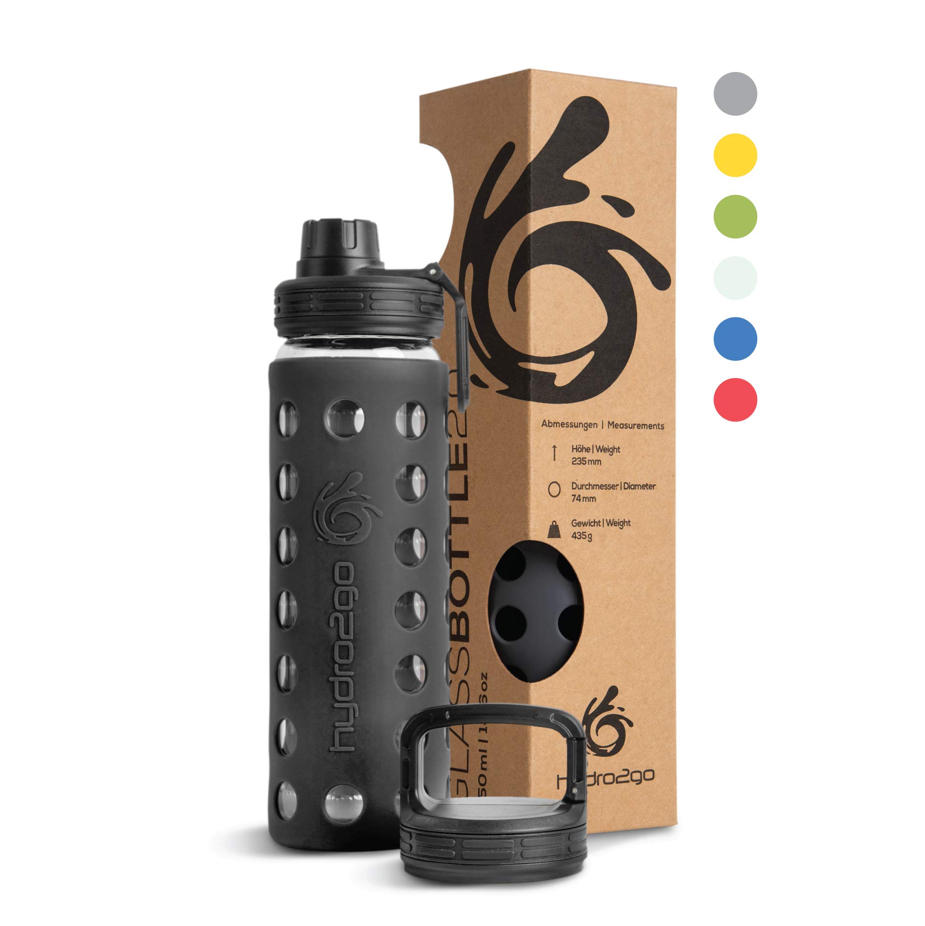hydro2go Glass Water Bottle 550ml with Protective Silicone Sleeve and Two Lids | 100% Leak-Proof, BPA-Free, Dishwasher Safe | Onyx Black 2.0