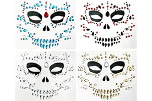 LEOARS 4-Pack Day Of The Death Face Gems,Halloween Temporary Face Tattoos, Rhinestone Face Jewels Stickers