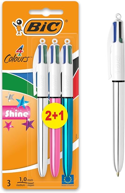 BIC 4 Colours Shine Multicolour Pens Pack of 3 Assorted Metallic Barrel
