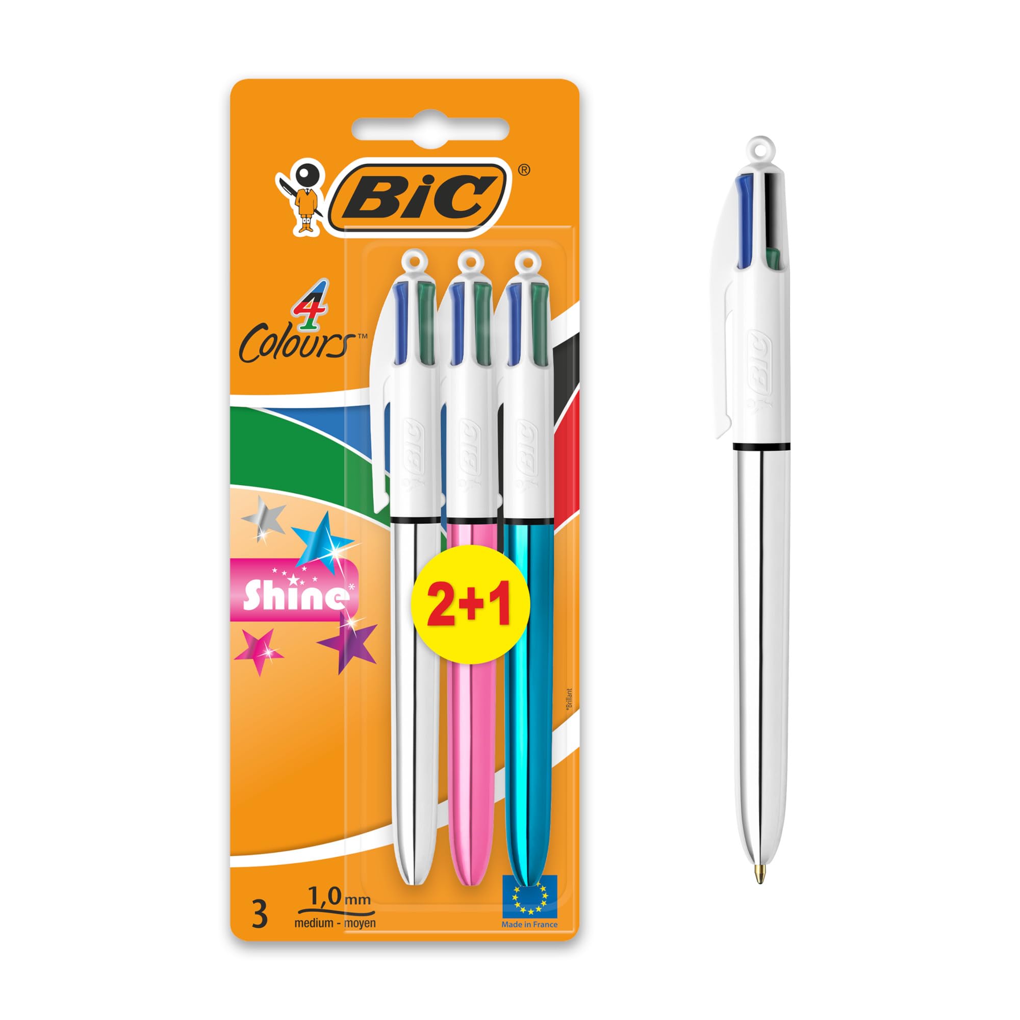 BIC 4 Colours Pens Multicolour Shine - Assorted Metallic Barrel Retractable Ballpoint Pens - Pack of 3