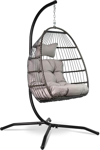 VITA5 Hanging Egg Chair with Frame Polyrattan Cushion Light Grey 150 kg