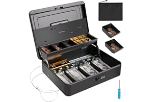 ZYNKORA Large Cash Box with Security Cable & Coin Tray, Metal Money Box with Tray & Key Lock,Tiered Locking Cash Boxes,Portable Lock Safe Box, Adjustable Coin Box,Deluxe Metal Money Box