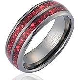 100S JEWELRY Gunmetal Mens Tungsten Carbide Ring Crushed Red Garnet Inlay Wedding Band Dome Edge Polished Finish Size 6-16