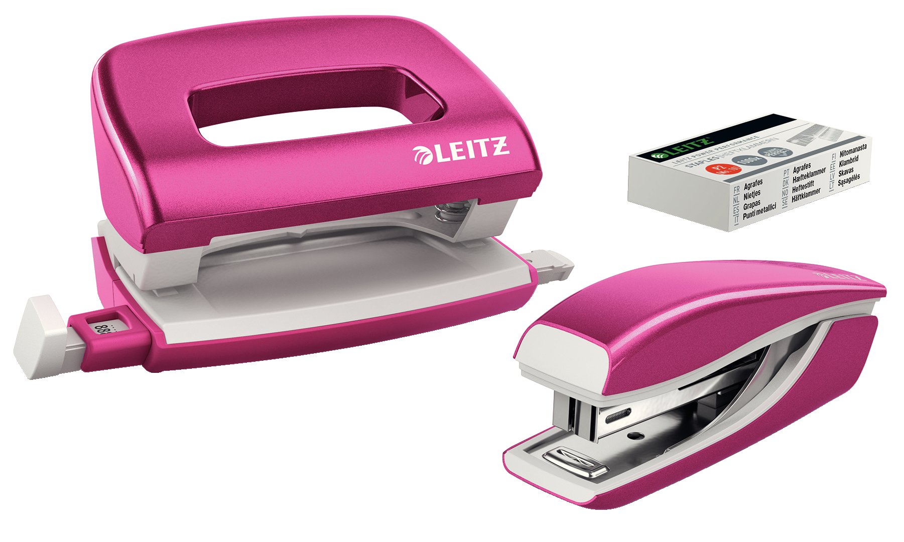 Leitz 55612023 Mini Stapler and Hole Punch Set, Staple or Punch Up to 10 Sheets, Includes P2 N°10 Staples, WOW Range, Metallic Pink — image 1