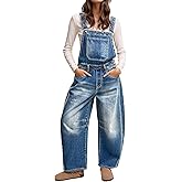 Flamingals Barrel Leg Stitch Detail Button Side Denim Overalls for Women Casual Jumpsuits with Pockets