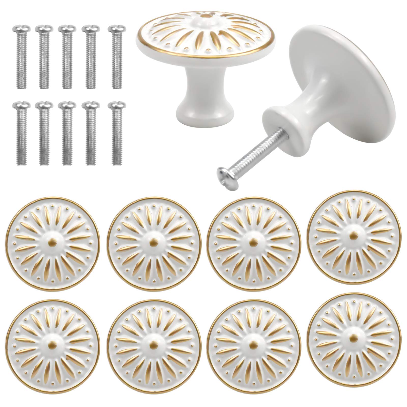 Jinlaili 10PCS Vintage Cabinet Knobs, 35MM Vintage Shabby Chic Round Drawer Knobs, Kitchen Cabinet Cupboard Drawer Door Knobs Pull Handles for Chest of Drawers Kitchen Cabinet Cupboards (White)
