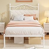 Elephance Twin Bed Frame with Upholstered Headboard Metal Platform Bed with 11.2 Inchs Storage Space Button Tufted No Box Spring Needed Easy Assembly,White