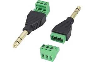 AAOTOKK 6.35mm Screw Terminal Block Connector 1/4" inch TRS Male Plugs to 3 Pin/Way Female Bolt Screw Terminals Pluggable AUX Audio Microphone/Speaker Wire,Keyboard,Mixer,Solderless Converter(2 Pack)
