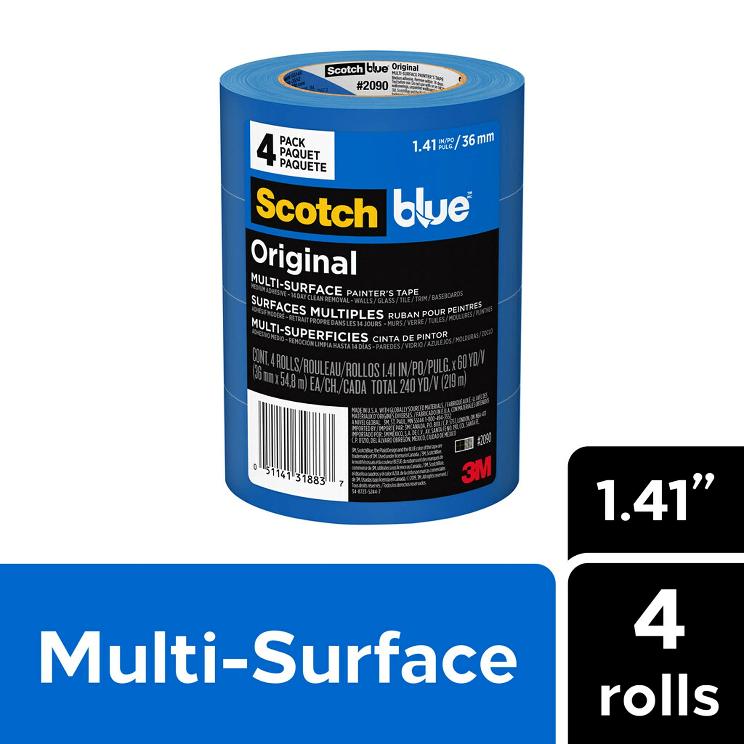 ScotchBlue Original Multi-Surface Painters Tape, 1.5 Inch Wide (1.41 In. x 60 Yds) 4 Rolls, Blue Paint Tape Protects Surfaces and Removes Easily, Masking Tape for Indoor and Outdoor Use (2090-36EP4)