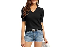 Bodosalia Womens Puff Short Sleeve Sweater Crew Neck Pullover Tops Ribbed Knit Sweater Blouse
