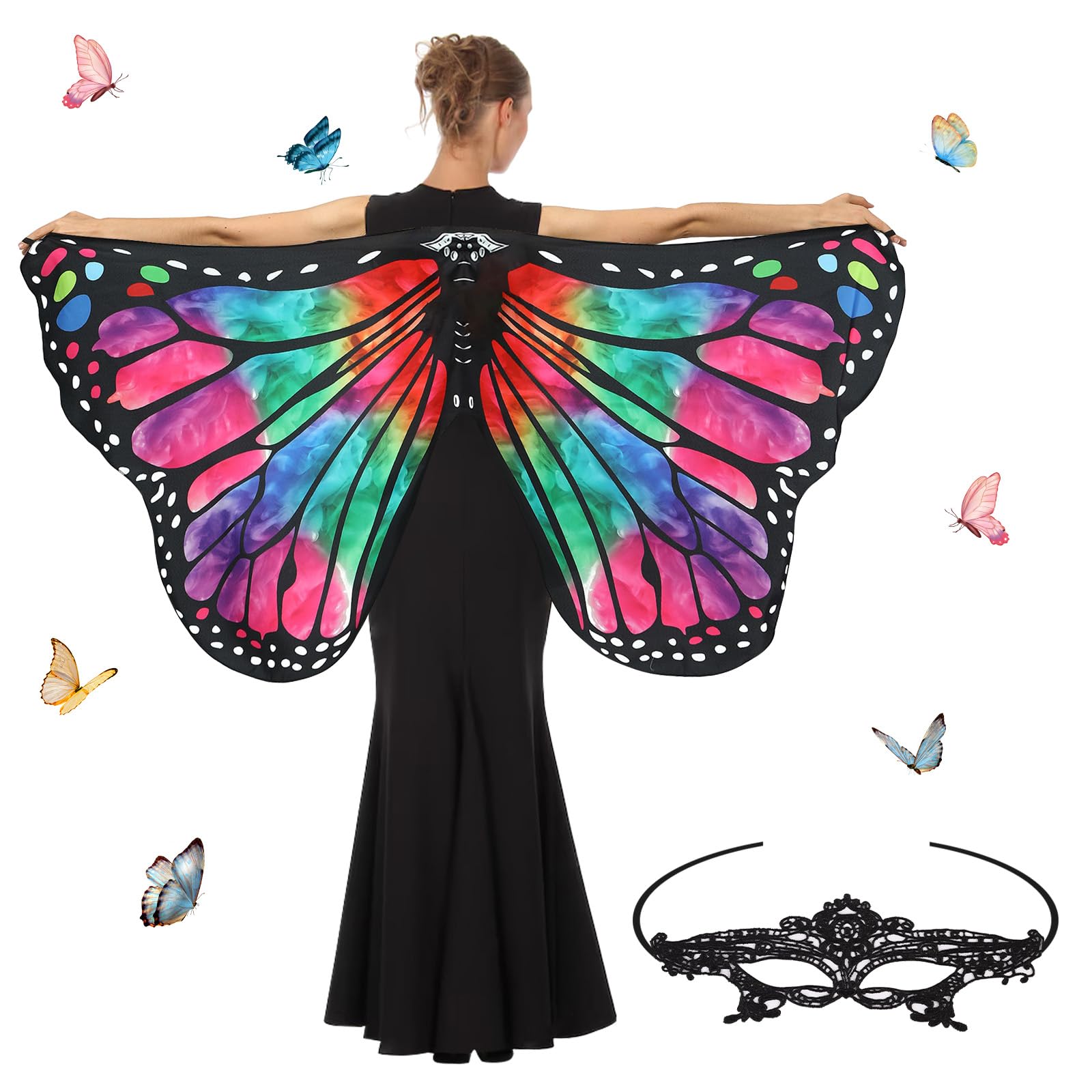 Niuoppy Butterfly Wings Adult Butterfly Costume Women Butterfly Wings Shawl Butterfly Cape with Mask Fancy Dress Capes for Party Cosplay Dancing (Style01)