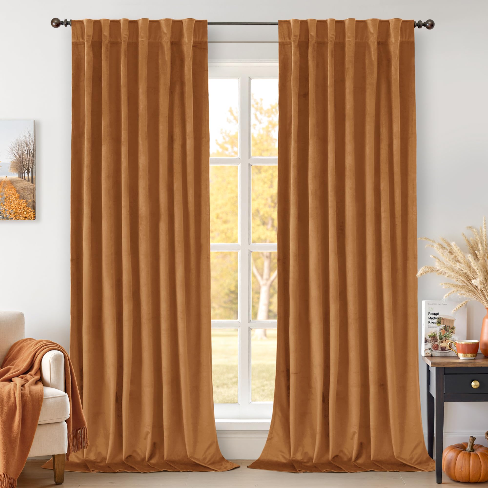 BGment Orange Velvet Curtains for Living Room - Thick Blackout Thermal Insulated Fall Decor Super Soft Rod Pocket and Back Tab Window Curtains for Bedroom, Set of 2 Panels, 52 x 102 Inch, Orange Brown Image