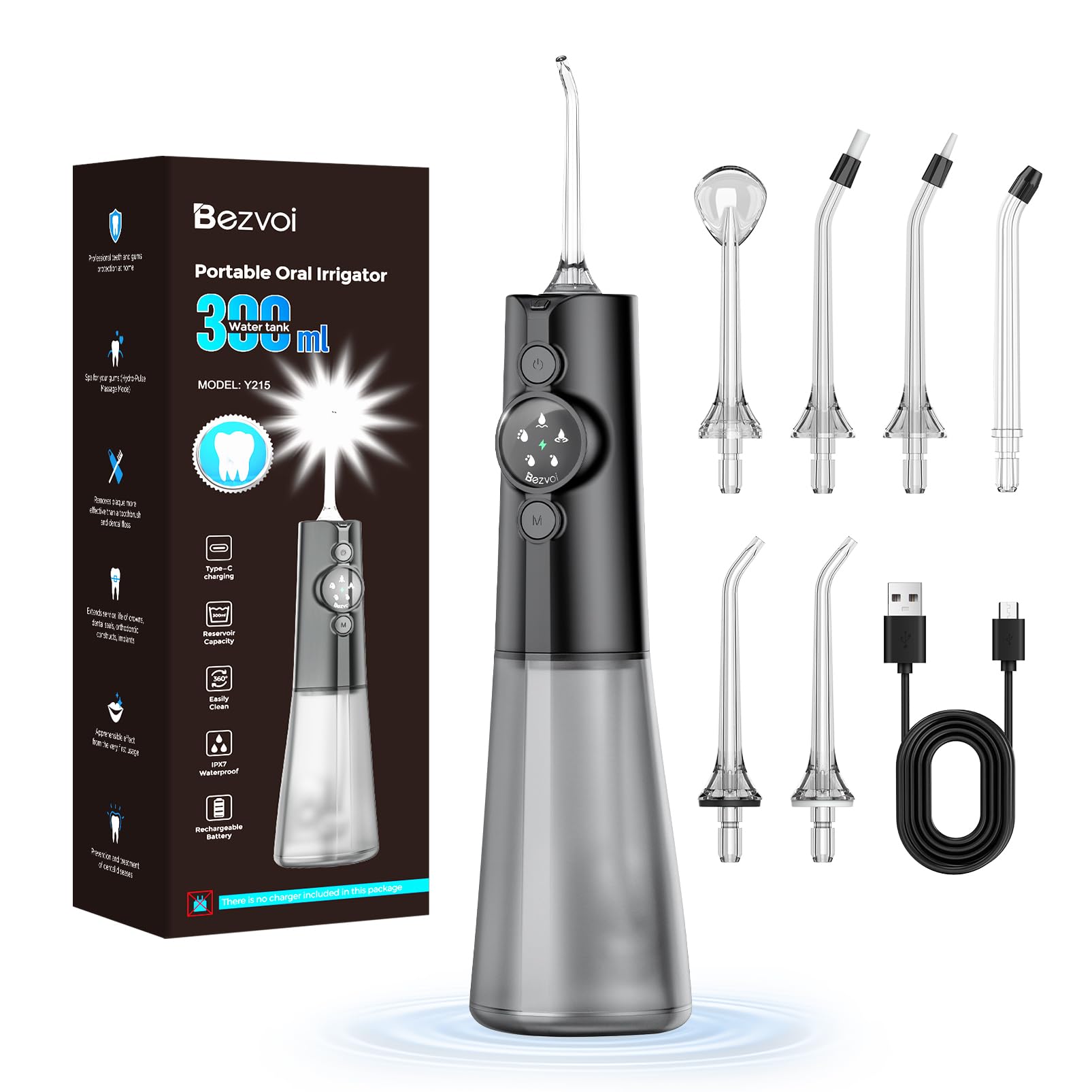 Bezvoi Water Flosser for Teeth Cordless: Professional Oral Irrigator LED Display 5 Modes, 300ML Water Tank, IPX7 Waterproof Electric Tooth Cleaner, Water Floss with 6 Jet Tips for Home Travel, Black