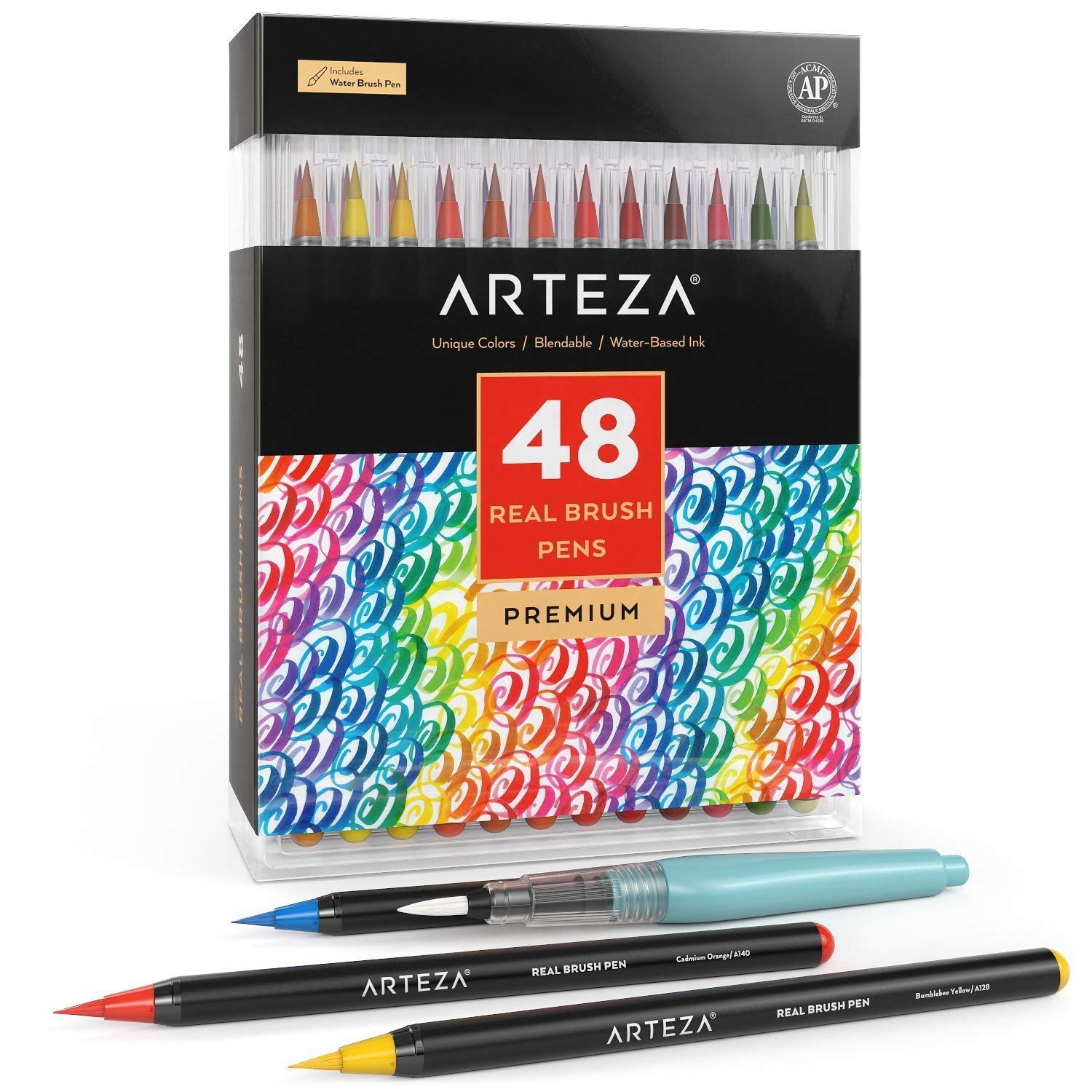Arteza Real Brush Pens, 48 Colors for Watercolor Painting with Flexible Nylon Brush Tips, Paint Markers for Coloring, Calligraphy and Drawing with Water Brush for Artists and Beginner Painters