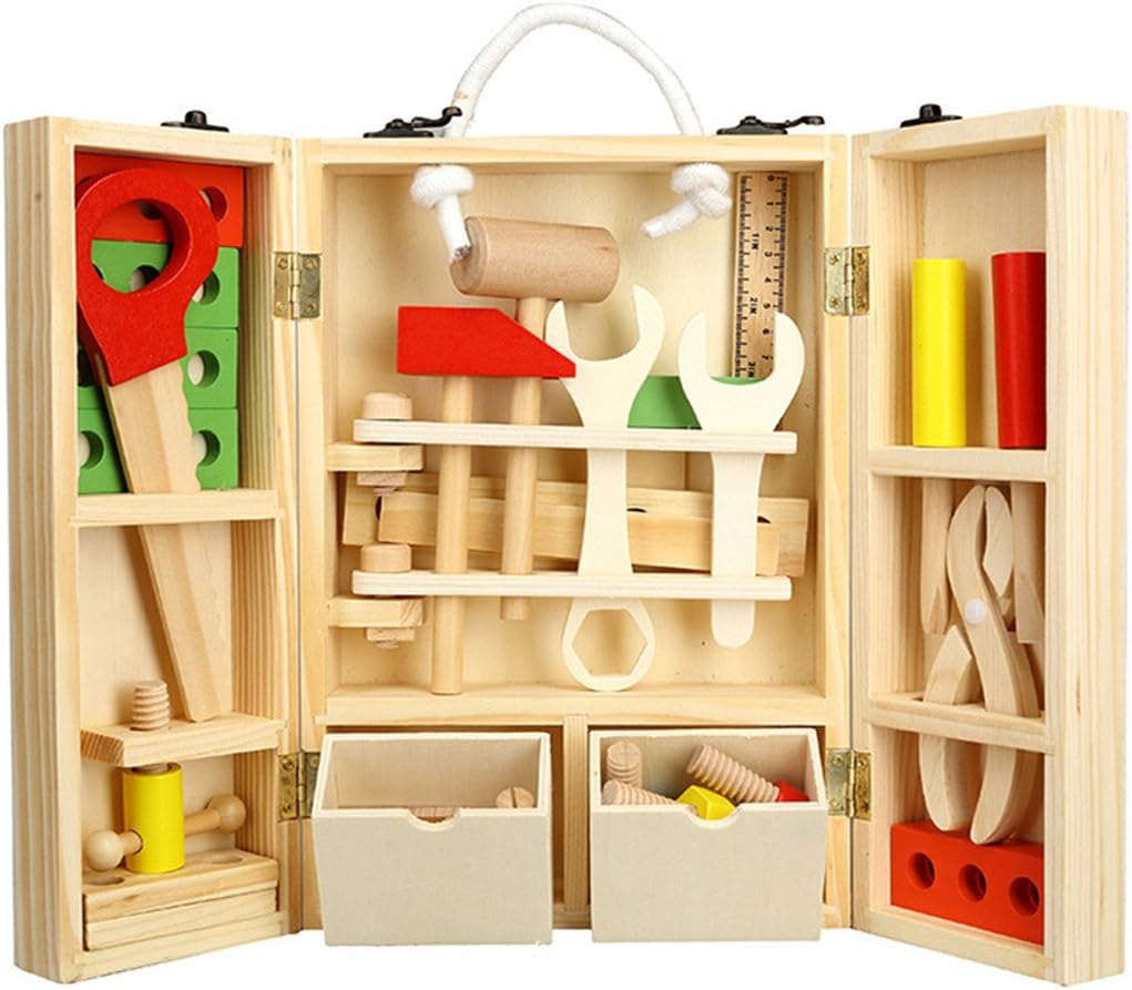 PAMRAY Children DIY Tool Kit Toy Wooden Portable Carpenters Set 35 Pcs Construction Carrycase Age 4 and Up