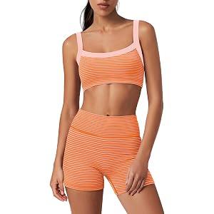 SENSERISE Womens Striped Workout Sets 2 Piece | High Support Padded Sports Bra, High Waisted Tummy Control Biker Shorts, Yoga