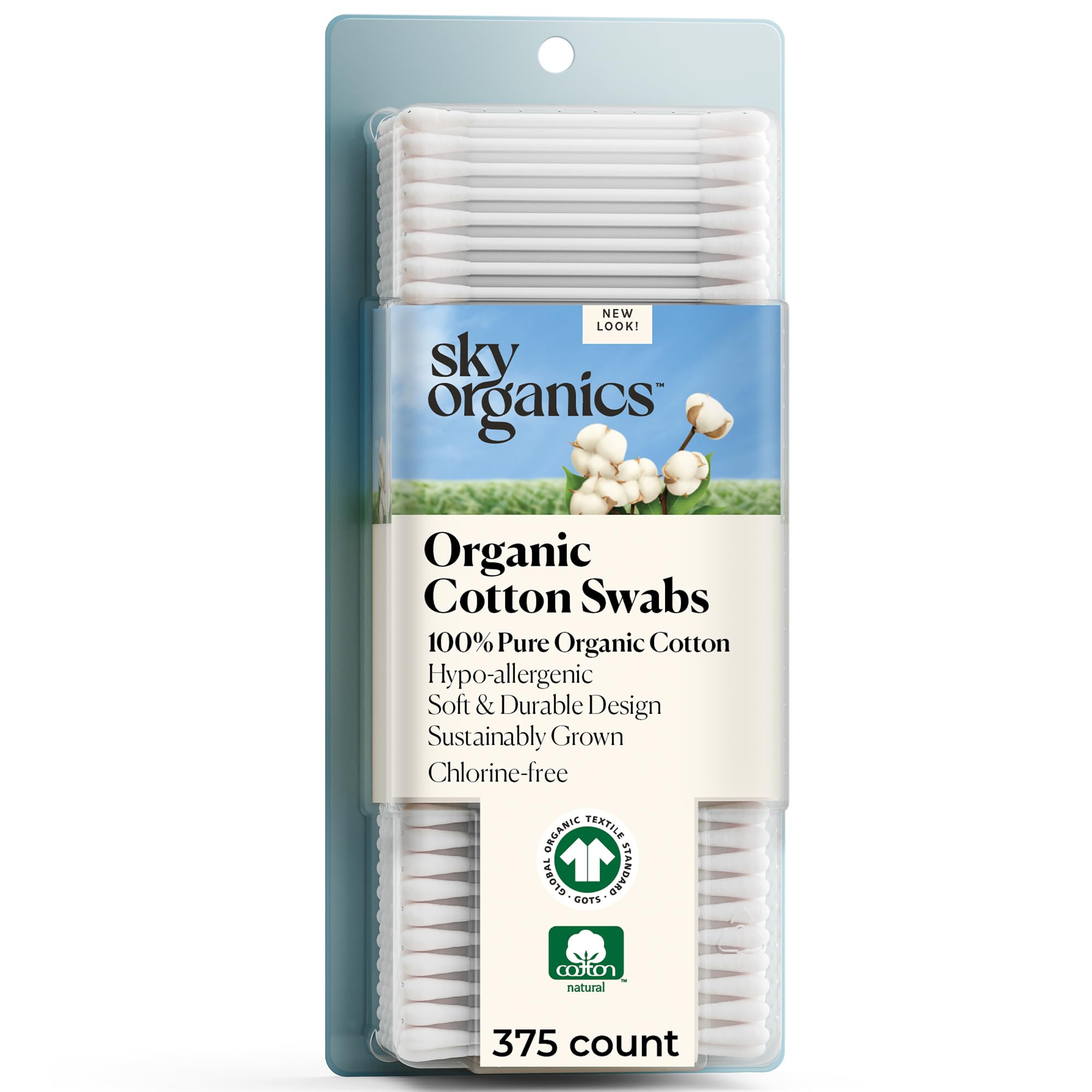 Sky Organics Organic Cotton Swabs for Sensitive Skin, 100% Pure GOTS Certified Organic for Beauty & Personal Care, 375 ct.