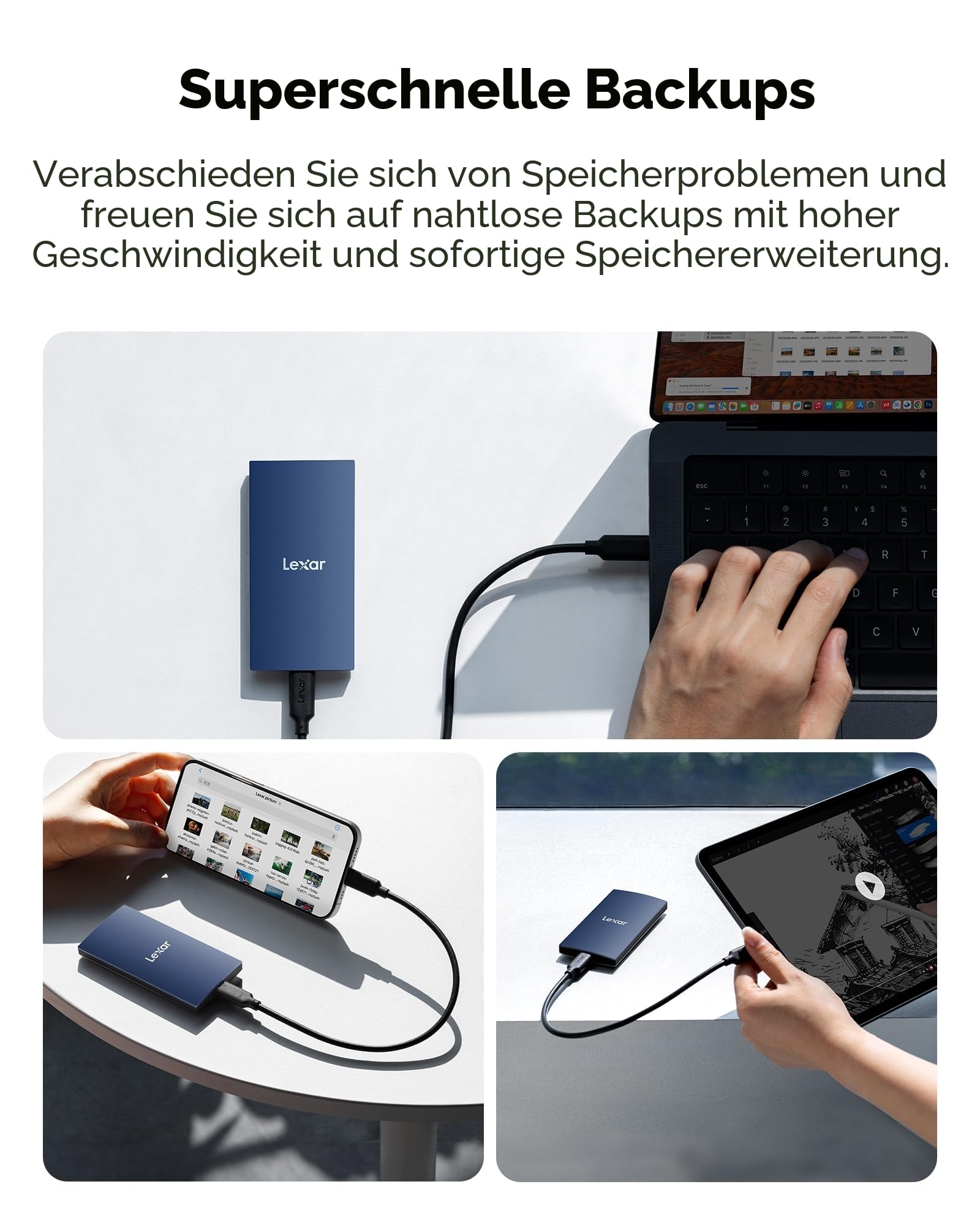 Lexar ES3 Externe SSD 1TB, USB 3.2 Gen2 Portable SSD, bis zu 1.050 MB/s Lesen, 1.000 MB/s Schreiben, Tragbare SSD für iPhone15-Serie/Mac/PS5/XBOX/Laptop/PC und Spielkonsole (BLAU) 5