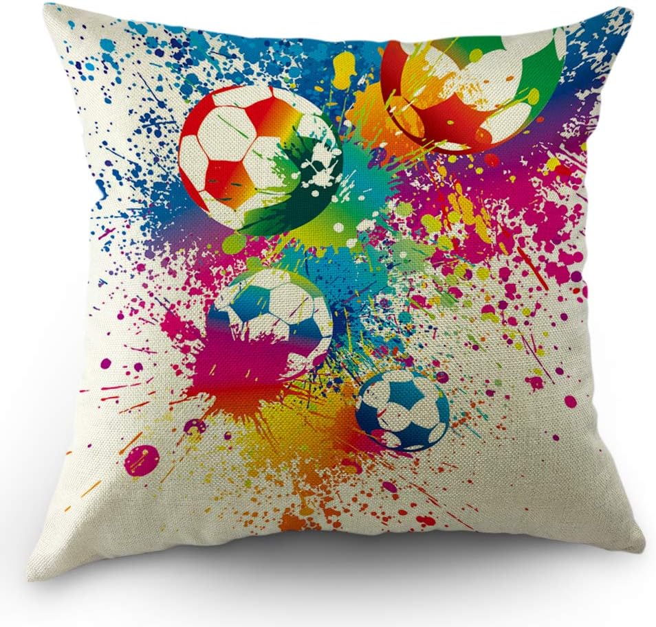 Moslion Football Pillows Decorative Throw Pillow Cover Sports Passion Rainbow Color Soccer Balls Doodle Polka Dot Pillow Case 18x18 Inch Cotton Linen Square Cushion Cover Christmas Sofa Bed