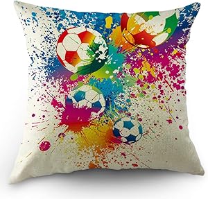 Moslion Football Pillows Decorative Throw Pillow Cover Sports Passion Rainbow Color Soccer Balls Doodle Polka Dot Pillow Case 18x18 Inch Cotton Linen Square Cushion Cover Christmas Sofa Bed