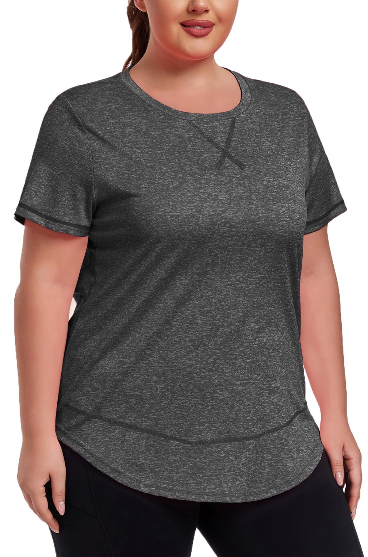 View 1 of ForHailey Plus Size Workout Tops for Women Athletic Shirts Short Sleeve Curved Hem Tops Activewear Exercise Gym Loose Fit Tees Dark Grey XX-Large