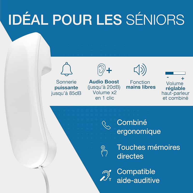 TMAX 10+ Téléphone Fixe Filaire Sénior - Grosses Touches - Audio Boost - Touches avec Photos - Mains Libres - Indicateur Lumineux d'Appel - Sonnerie Forte - Compatible Aides Auditives — photo 2 sur 6