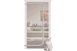 MORNYRAY Reinforced Cat Screen Door, Fits Door Size 32''x80'', Heavy Duty Cat Resistant Mesh Screen with Zipper, Textilene Pet Screen Door for Living Room, Kitchen, Bedroom, Stop Cats Dogs Running Out (White)