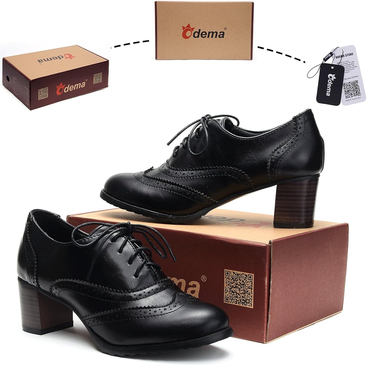  | Odema Womens PU Leather Oxfords Wingtip Lace up Mid Heel Pumps Shoes … | Oxfords