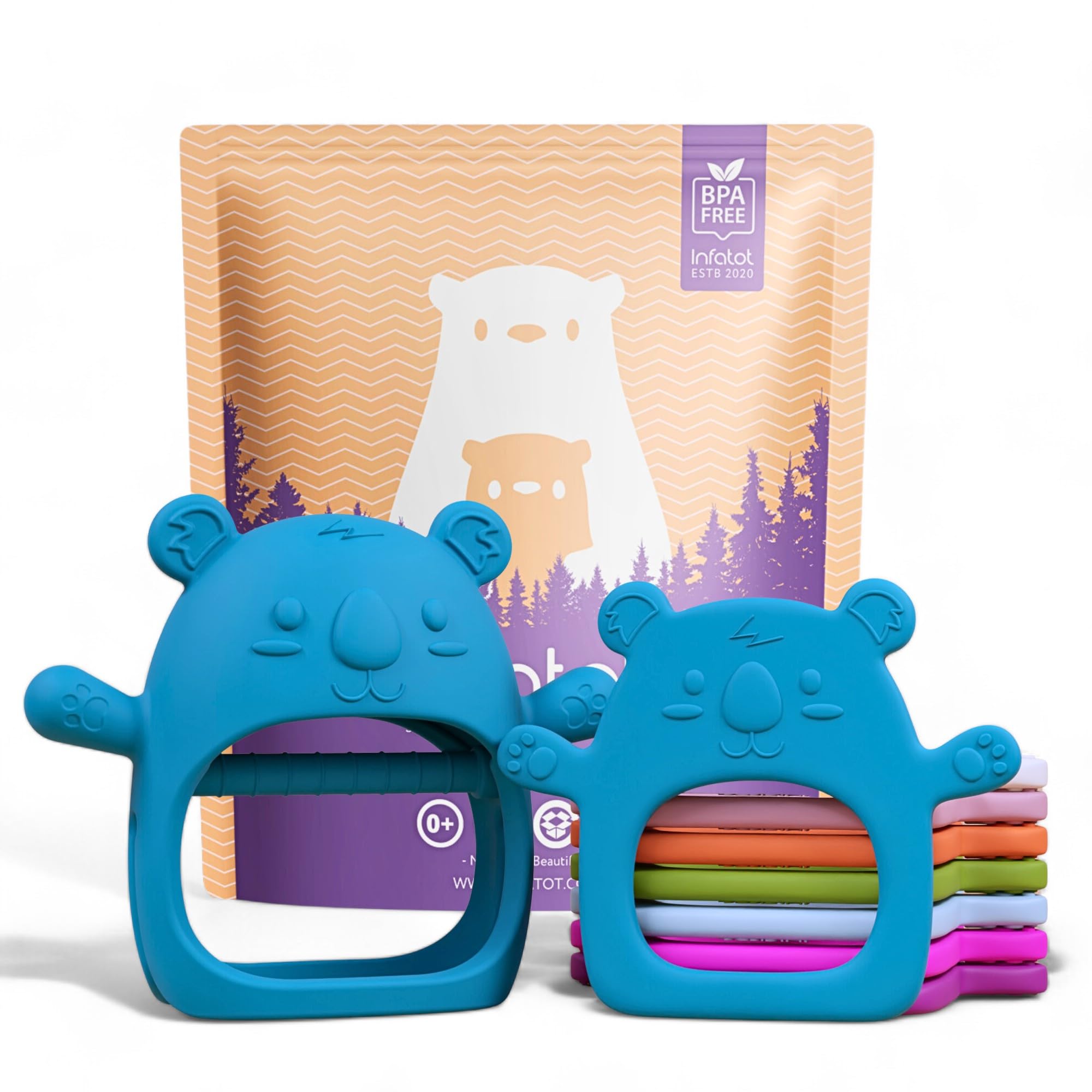 Infatot® Teething Toys for Baby Gifts – 2-Pack Koda Koala Teether Mitten Glove, Soothing Hand Teethers for Infants, Baby Toys 0-6 Months and Up, Newborn Essentials for Teething Relief, Teal Blue.
