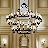 Viksroeo 60 Inch Black Extra Large Wagon Wheel Chandelier, 2 Tier 54-Lights Farmhouse Industrial Round High Ceiling Pendant L